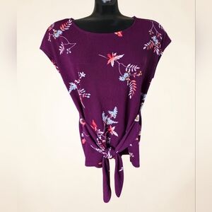 🆕️ Women's Maroon Plum Floral Textured Tie-Front Oversized Top Size S